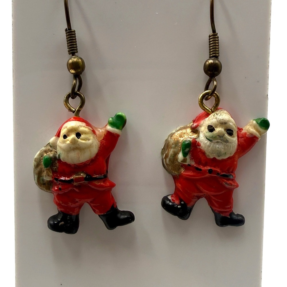 Vintage Santa Claus Christmas Drop Earrings Red Holiday Dangle Jewelry